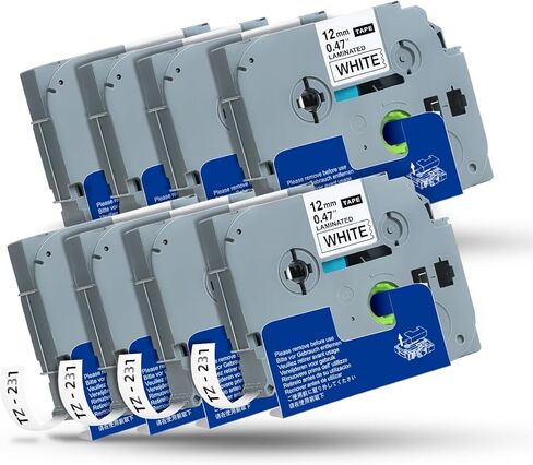 استبدل شريط الملصقات Brother P-Touch، شريط إعادة تعبئة شريط الملصقات 4 عبوات، أشرطة Tze 12 مم 0.47 أشرطة بيضاء TZe-231 Tze Tz 231 متوافقة مع Brother PT-D210 D220 D410 D600 H110 إلخ in Kuwait