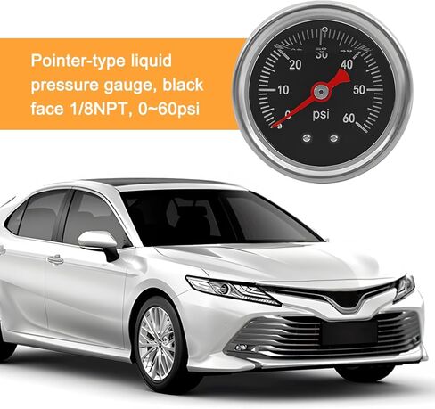 مقياس ضغط الوقود 0-60 رطل لكل بوصة مربعة، 1/8 بوصة مركز NPT الخلفي للتركيب من الفولاذ المقاوم للصدأ ومؤشر الضغط المملوء بالوقود السائل، مقاس قرص 1.87 بوصة اختبار ضغط محرك السيارات، ملاءمة عالمية in Kuwait