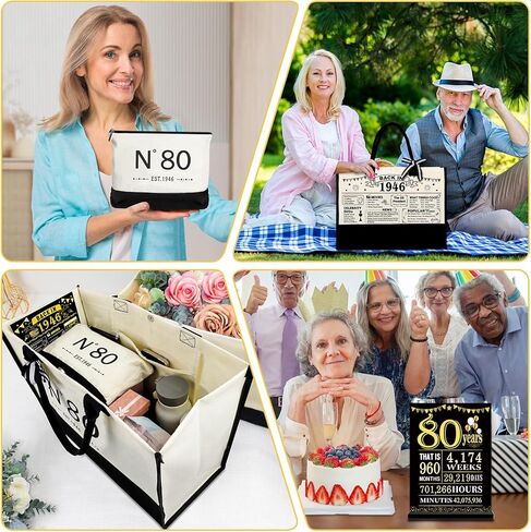 YeohJoy هدايا عيد الميلاد الثمانين للنساء حقيبة قماشية، هدايا عيد ميلاد فريدة من نوعها عمرها 80 عامًا للعمة والأم والزوجة والأصدقاء والأخت لها، حقيبة يد وحقيبة مكياج EST.1946 وملصق خلفي في عام 1946 in Kuwait