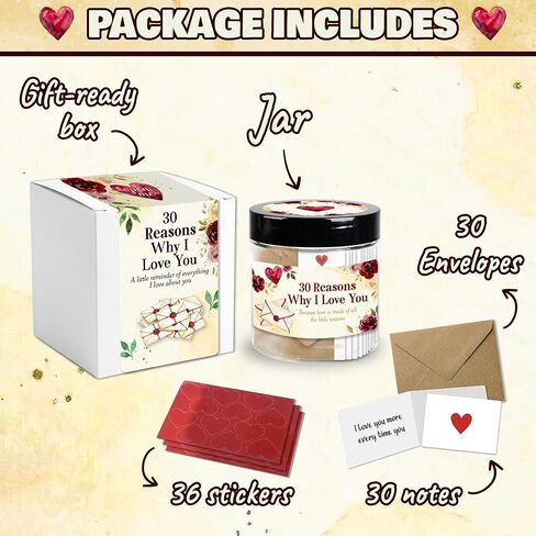 30 Reasons Why I Love You Jar, Love Notes in a Jar with Envelopes & Heart Stickers, Romantic Valentines Day Gifts for Him Her, Diy Gifts for Boyfriend Husband, Mothers Day Gifts for Wife in Saudi Arabia