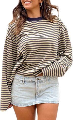 Striped Long Sleeve Shirt Women Oversized Sweatshirt Y2k Crewneck Vintage Tops Fall Winter Drop Shoulder Cute Preppy in Saudi Arabia