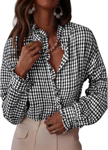 Womens Plaid Ruffle V Neck Button Down Blouse Casual Long Sleeve Gingham Trendy Tops Fashion Work Checkered Shirts in Saudi Arabia