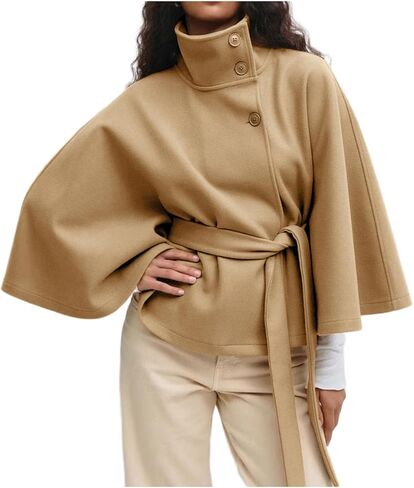 CHARTOU Women Batwing Sleeve Ponchos Pea Coat Wool Stand Collar Belt Capes Jacket Winter Cropped Overcoat in Saudi Arabia
