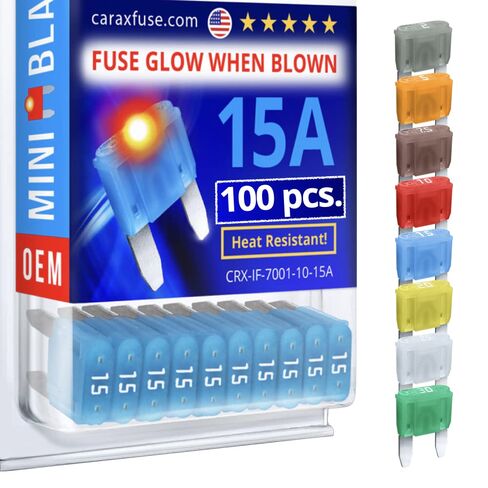 CARAX Glow Fuse - شفرة صغيرة Premium Fuse - مجموعة 30A 100 جهاز كمبيوتر شخصى - يتوهج عند نفخ الصمامات LED للسيارات - صمام التوهج التلقائي الذكي سهل التعرف - 100 جهاز كمبيوتر شخصى in Kuwait