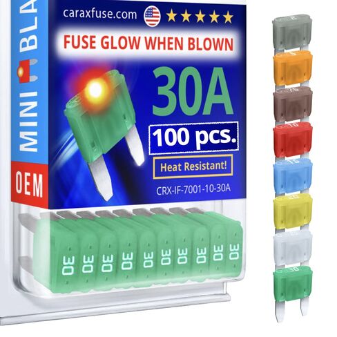 CARAX Glow Fuse - شفرة صغيرة Premium Fuse - مجموعة 30A 100 جهاز كمبيوتر شخصى - يتوهج عند نفخ الصمامات LED للسيارات - صمام التوهج التلقائي الذكي سهل التعرف - 100 جهاز كمبيوتر شخصى in Kuwait