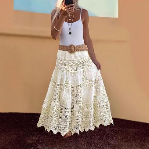 Womens Boho Crochet Long Skirt Flowy A Line مرونة عالية الخصر متماسكة شاطئ الشاطئ Maxi لتنورة الصيف in Saudi Arabia
