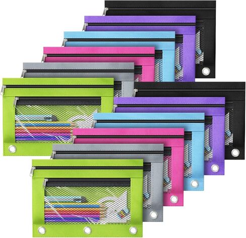 أكياس قلم رصاص من DoDoMagxanadu، حقيبة أقلام رصاص لـ 3 حلقات، حافظة أقلام رصاص شفافة بجيب مزدوج للحافظة، أكياس أقلام رصاص بسحاب مع 3 حلقات مثبتة ببرشام، 12 حزمة in Kuwait