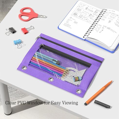 أكياس قلم رصاص من DoDoMagxanadu، حقيبة أقلام رصاص لـ 3 حلقات، حافظة أقلام رصاص شفافة بجيب مزدوج للحافظة، أكياس أقلام رصاص بسحاب مع 3 حلقات مثبتة ببرشام، 12 حزمة in Kuwait
