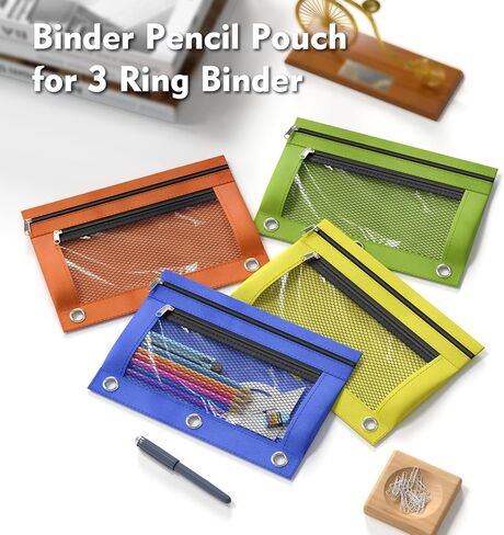 أكياس قلم رصاص من DoDoMagxanadu، حقيبة أقلام رصاص لـ 3 حلقات، حافظة أقلام رصاص شفافة بجيب مزدوج للحافظة، أكياس أقلام رصاص بسحاب مع 3 حلقات مثبتة ببرشام، 12 حزمة in Kuwait