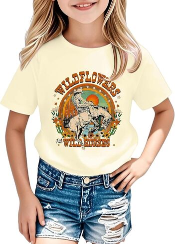 Girls Cowgirl Western Shirts - Kids Rodeo Horse Short Sleeve Country Tee Cowboy Graphic Wild Flowers Summer Top in Saudi Arabia