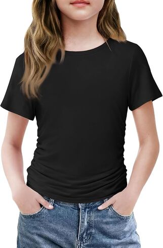 Arshiner قمصان الفتيات الجانب Ruched قصيرة الأكمام Crewneck المجهزة قمم عارضة الصيف الناعمة المحملة الملابس 5-12 سنة in Kuwait