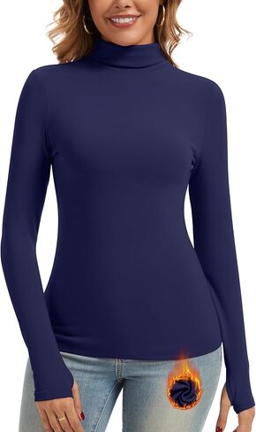 WOWENY Women's Thermal Fleece Long Sleeve Shirt Mock Neck Tops Winter Warm Cold Weather Undershirts with Thumb Holes Pockets in Saudi Arabia