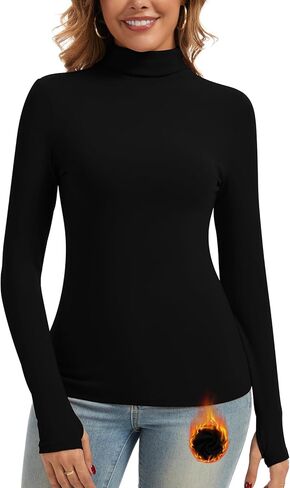 WOWENY Women's Thermal Fleece Long Sleeve Shirt Mock Neck Tops Winter Warm Cold Weather Undershirts with Thumb Holes Pockets in Saudi Arabia