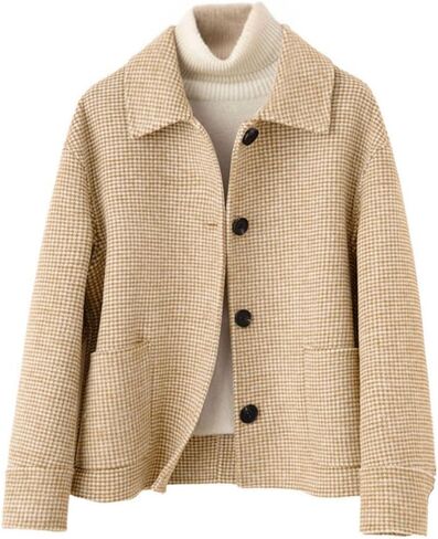 chouyatou Women's Elegant Houndstooth Plaid Cropped Wool Coat Casual Single Breasted Trench Pea Coat with Pockets in Saudi Arabia