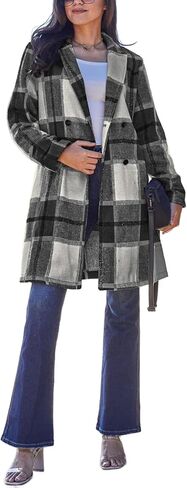 معطف نسائي طويل منقوش بأزرار حتى سترة أنيقة مزدوجة الصدر وياقة طية صدر السترة وأكمام طويلة دافئة in Kuwait