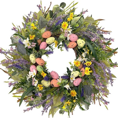 24 Inch Farmhouse Easter Wreath for Front Door, Artificial Pastel Spring Wreaths with Easter Eggs,Lavender&Wildflowers,Handcrafted Wreath for Entryway Mantel Window Indoor Outdoor Decorations in Kuwait