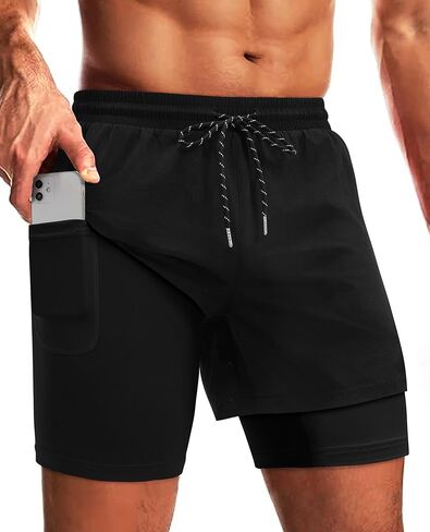 Mens Running Athletic Shorts with Zipper Pocket 5" Quick Dry 2 in 1 Liner Gym Sport Basketball Workout Swim in Saudi Arabia