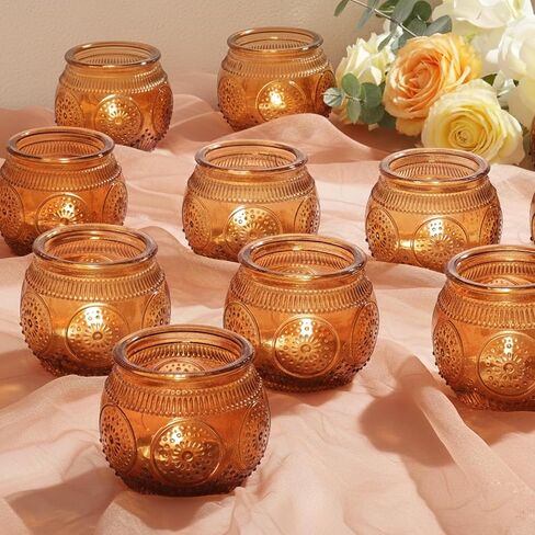 12 Pcs Amber Candle Holders- Amber Glass Candle Holders, Amber Fall Votive Candle Holders for Thanksgiving Decor, Fall Tablescape, Vintage Tea Lights Candle Holders for Home Decor, Boho Decor in Saudi Arabia