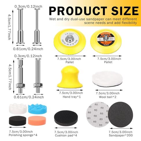 طقم تلميع قرص الصنفرة 215 قطعة مقاس 3 بوصات، طقم ترميم المصابيح الأمامية، وسادات صنفرة بخطاف وحلقة - 60 إلى 10000 حبيبة من ورق الصنفرة الجاف الرطب، مرفق صنفرة الحفر للسيارات والخشب والمعادن in Kuwait