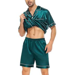 Men's 2-Piece Soft Silky Satin PJ Set Cozy Short Sleeve & Shorts, Lightweight Sleepwear Loungewear in Kuwait