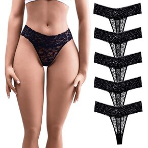 Lace Thong Underwear Set, 5 Pack, Multicolor - White, Pink, Black, Red, Yellow in Kuwait