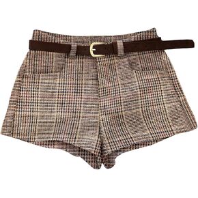 شورت نسائي قصير من MakeMeChic منقوش ومزين بنقشة Houndstooth مع حزام in Kuwait