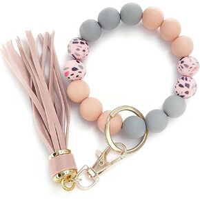 Cute Key Ring Bracelet with Tassel,Car Keychain Holder Girl Wristlet Silicone Beaded Bangle Chains keychains for women in Saudi Arabia