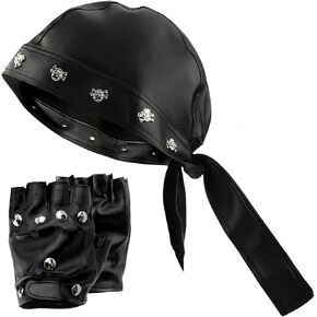 قبعة جمجمة جلدية مع قفازات جلدية للرجال، قبعة جلدية سوداء لراكبي الدراجات النارية قابلة للتعديل، قبعة جمجمة للدراجات النارية (أسود) in Kuwait