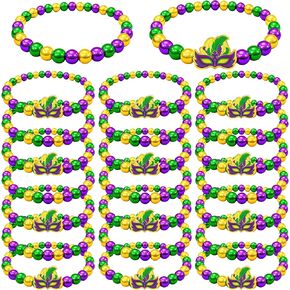 30 Pcs Mardi Gras Beads Throws Bracelets Bulk - Mask Accessories Set for Women Men Parade Carnival Festive Party Favors in Kuwait