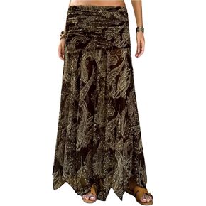 GORGLITTER المرأة بوهو ماكسي التنانير بيزلي خمر منخفضة الارتفاع الكشكشة غير المتكافئة هيم الشاطئ عطلة الهبي ماكسي تنورة in Kuwait