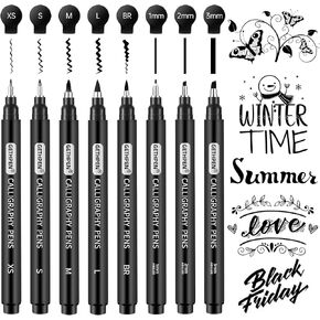 GETHPEN Calligraphy Pens,Hand Lettering Pens, Calligraphy Brush Pen set for Beginners Writing, Sketching, Scrapbooking, Journaling, Soft and Fine Tip, Black Ink Drawing Pen Set, 8 Size in Kuwait