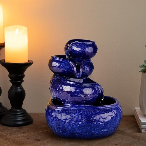 Glitzhome 12" H Ceramic Cobalt Blue Tabletop Fountain with Pump, 4-Tiered Indoor Water Fountain Cascading Table Fountain Pot for Home Office Living Room, Decorative Desktop Fountains Waterfalls in Saudi Arabia