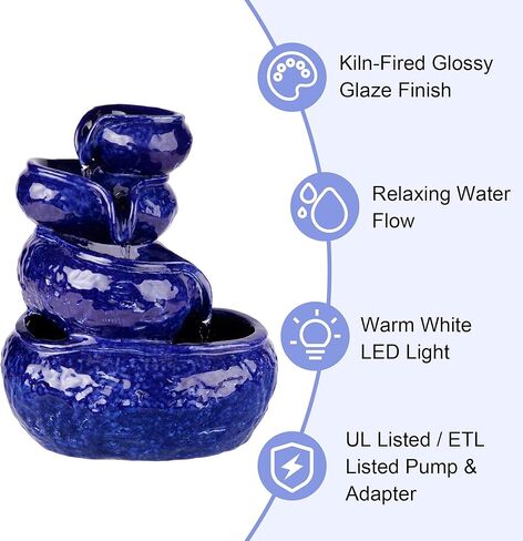Glitzhome 12" H Ceramic Cobalt Blue Tabletop Fountain with Pump, 4-Tiered Indoor Water Fountain Cascading Table Fountain Pot for Home Office Living Room, Decorative Desktop Fountains Waterfalls in Saudi Arabia