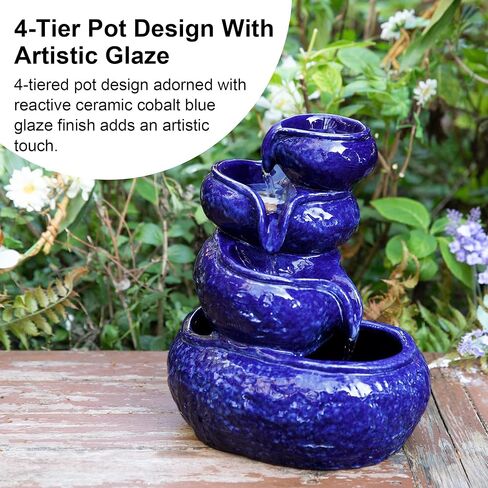 Glitzhome 12" H Ceramic Cobalt Blue Tabletop Fountain with Pump, 4-Tiered Indoor Water Fountain Cascading Table Fountain Pot for Home Office Living Room, Decorative Desktop Fountains Waterfalls in Saudi Arabia