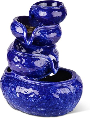 Glitzhome 12" H Ceramic Cobalt Blue Tabletop Fountain with Pump, 4-Tiered Indoor Water Fountain Cascading Table Fountain Pot for Home Office Living Room, Decorative Desktop Fountains Waterfalls in Saudi Arabia