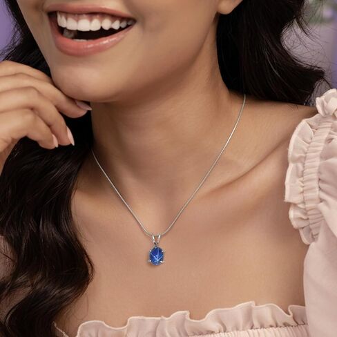 GEMHUB 6 Rays Star Blue Sapphire Necklace 5.6 Ct Oval Shape 925 Sterling Silver Necklace With Chain in Saudi Arabia