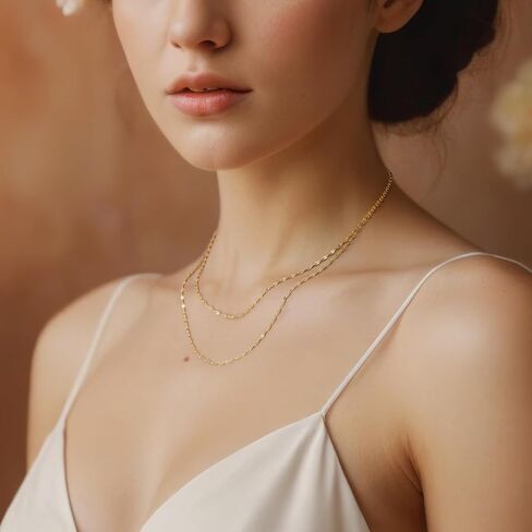 14K Gold Chain for Women 14K Gold Necklaces for Women Trendy Layered Necklaces for Womens Graceful Layered Effect Mirror Chain Necklace Womens 18in+4cm in Kuwait
