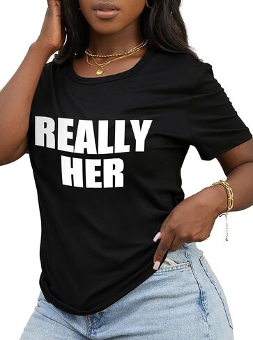 تي شيرت نسائي من Hilinker برسومات مرحة وجذابة ومطبوع عليه حروف صيفي كاجوال فضفاض in Kuwait