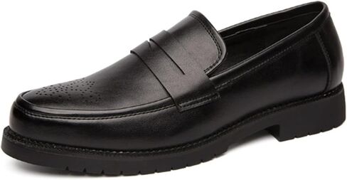 Men's Leather Penny Loafers Retro Round Toe Perforated Block Heels Slip-On Dress Work Shoes Classic Moccasin Casual Business Shoes in Saudi Arabia