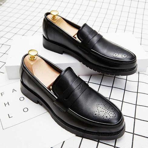 Men's Leather Penny Loafers Retro Round Toe Perforated Block Heels Slip-On Dress Work Shoes Classic Moccasin Casual Business Shoes in Saudi Arabia