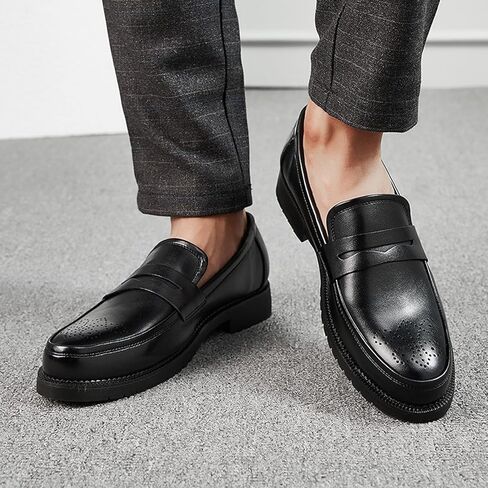Men's Leather Penny Loafers Retro Round Toe Perforated Block Heels Slip-On Dress Work Shoes Classic Moccasin Casual Business Shoes in Saudi Arabia