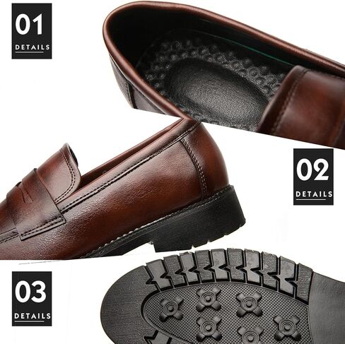 Men's Leather Penny Loafers Retro Round Toe Perforated Block Heels Slip-On Dress Work Shoes Classic Moccasin Casual Business Shoes in Saudi Arabia