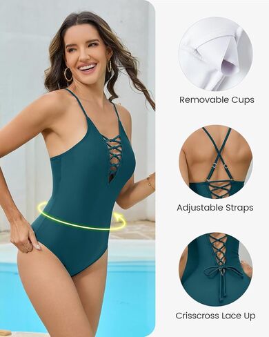 Cromi Women Sexy One Piece Swimsuit Deep V Neck Bathing Suits Lace Up Swimwear Crisscross Back Monokini in Saudi Arabia
