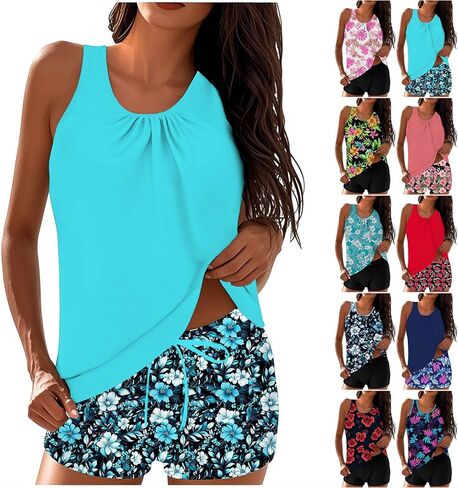 Womens Tankini Bathing Suit Two Piece Swimsuit Tummy Control Swimwear Floral Printed Swim Tank Top with Boyshorts in Saudi Arabia