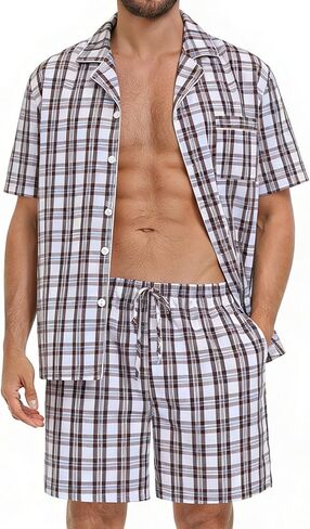 SWOMOG Mens 100% Cotton Pajama Set 2Pcs Button Down Pjs Set Short Sleeve Sleepwear with Pocket Soft Summer Stripe Nightwear in Saudi Arabia