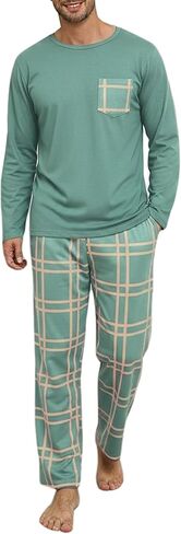 Mens Pajama Set Long Sleeve Soft Sleepwear Loungewear PJS Tops Plaid Pants with Pockets 2 Piece in Saudi Arabia