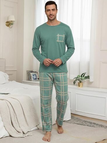 Mens Pajama Set Long Sleeve Soft Sleepwear Loungewear PJS Tops Plaid Pants with Pockets 2 Piece in Saudi Arabia
