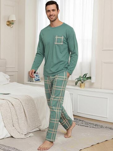 Mens Pajama Set Long Sleeve Soft Sleepwear Loungewear PJS Tops Plaid Pants with Pockets 2 Piece in Saudi Arabia