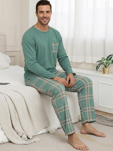 Mens Pajama Set Long Sleeve Soft Sleepwear Loungewear PJS Tops Plaid Pants with Pockets 2 Piece in Saudi Arabia