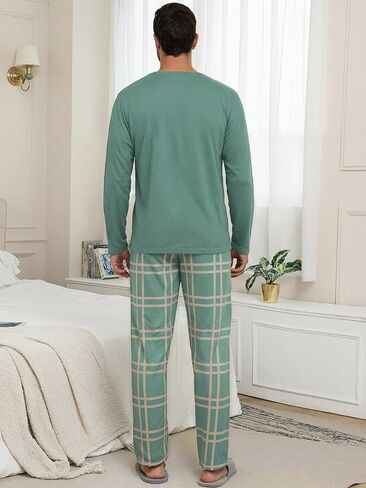 Mens Pajama Set Long Sleeve Soft Sleepwear Loungewear PJS Tops Plaid Pants with Pockets 2 Piece in Saudi Arabia